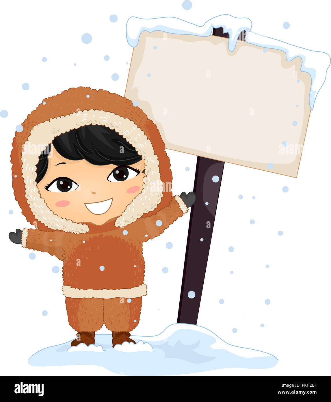 Illustration d'un enfant garçon Eskimo debout à côté d'un affichage en blanc alors que l'enneigement Banque D'Images
