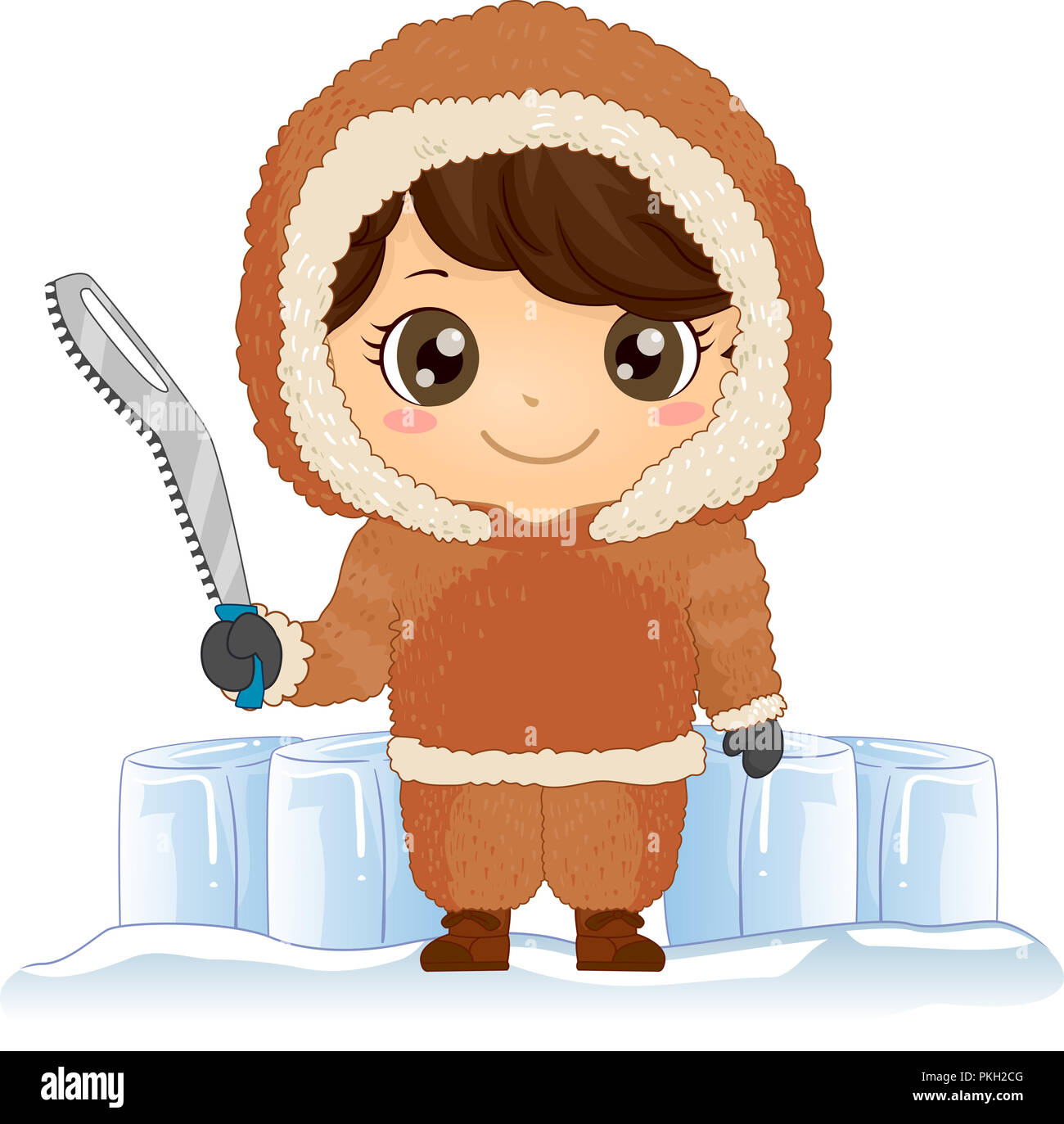 Illustration d'un enfant garçon Eskimo debout et tenant une scie à neige Banque D'Images