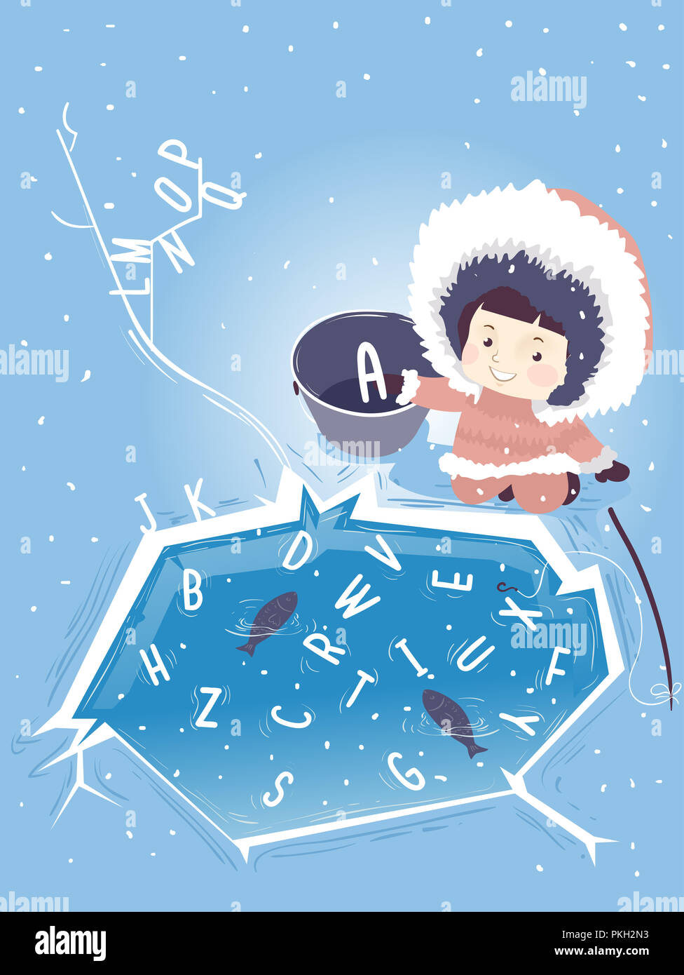 Illustration d'un enfant esquimau fille Pêche sur glace l'Alphabet de l'étang Banque D'Images