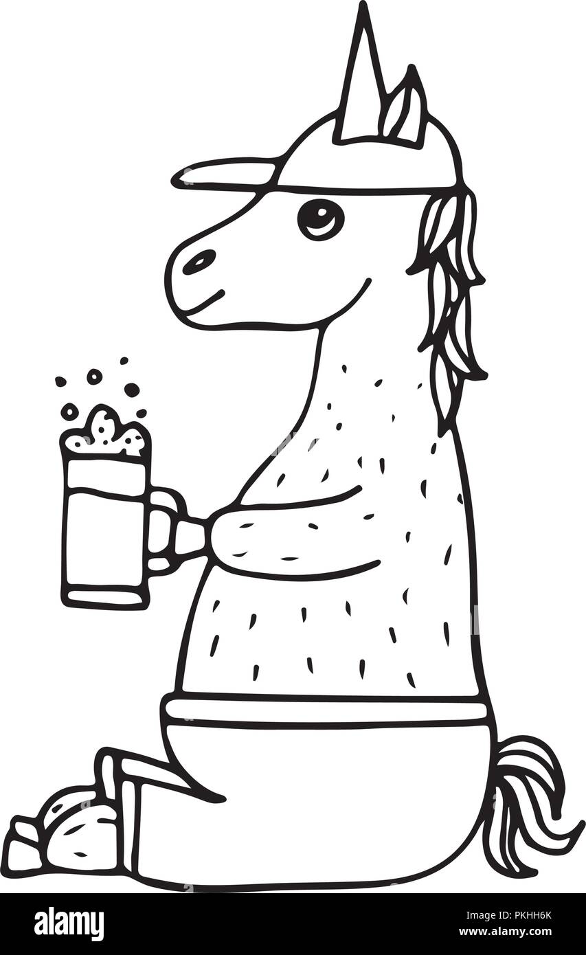 Belle licorne dessinée à la main-fan de football avec un verre de bière. Illustration de Vecteur