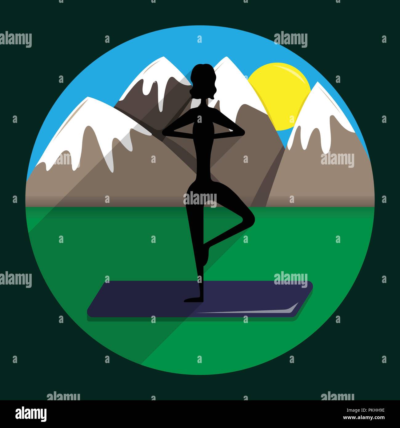 Silhouette de la jeune fille la pratique du yoga dans le contexte de la montagne. Vrishasana (Posture de l'arbre). Illustration de Vecteur