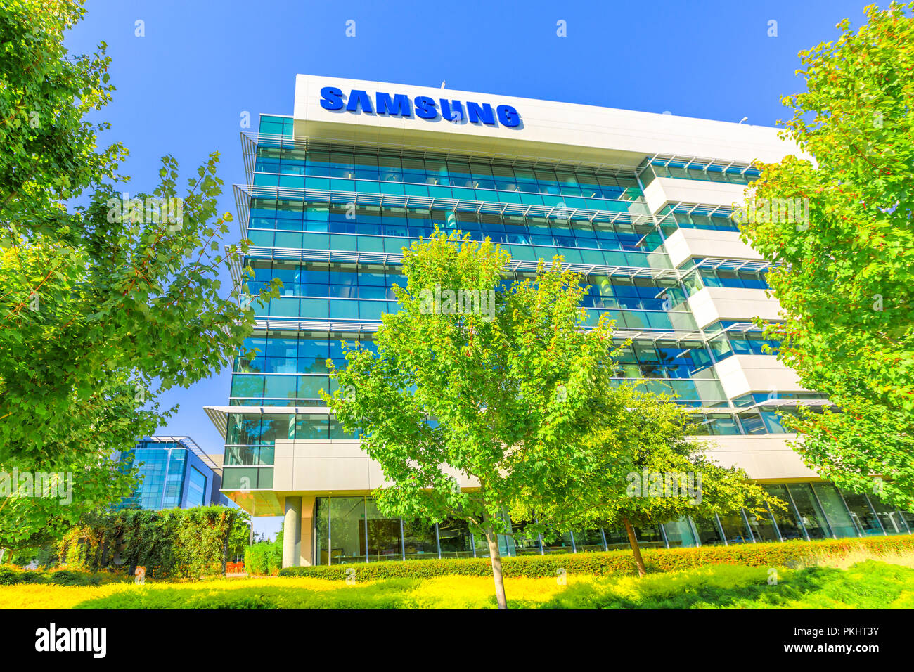 Mountain View, États-Unis - 13 août 2018 : Samsung Amérique Recherche Campus du bâtiment. SRA est une division de la recherche et de développer de nouvelles technologies de Samsung. Banque D'Images