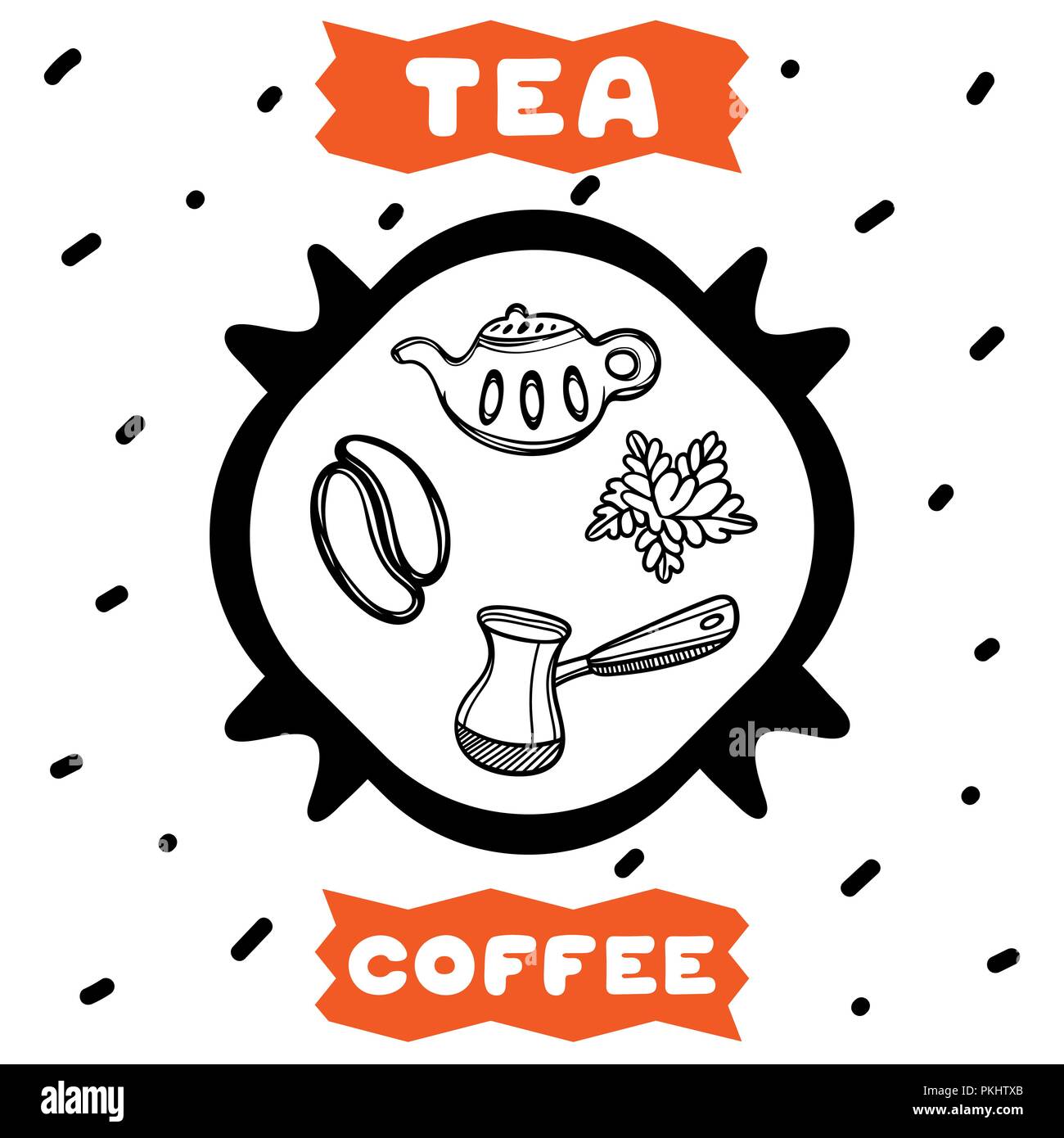 Cute hand drawn affiche pour café avec café, théière style croquis et de menthe. Cartoon illustration. Illustration de Vecteur