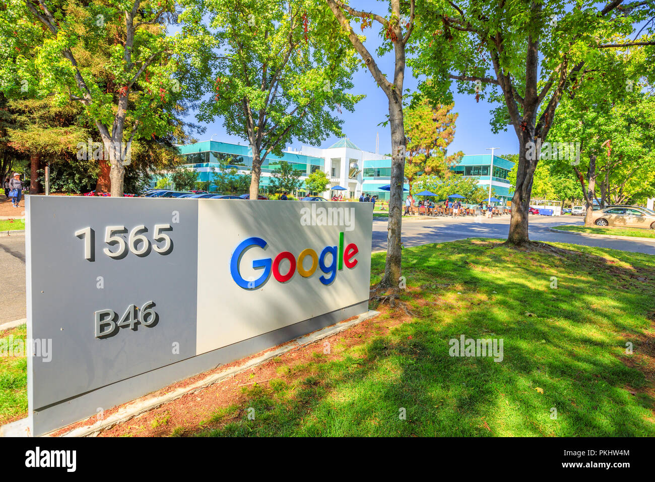 Mountain View, Californie, États-Unis - 13 août 2018 : Signe de Google Google à Mountain View - Campus Building 46 en 1565 Charleston Road, quartier des rives, CA. Banque D'Images
