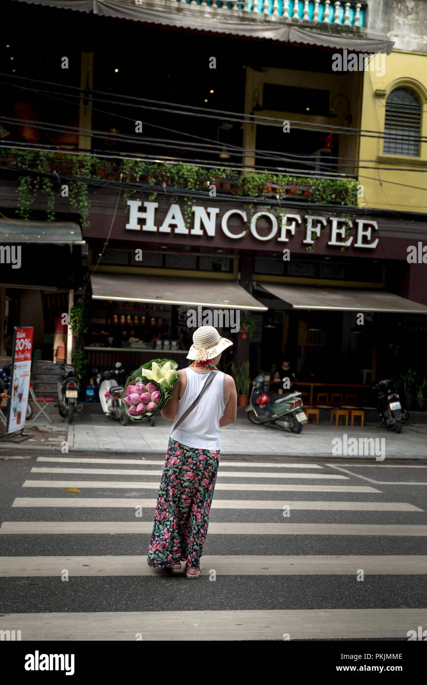 Femme avec bouquet de lotus sur les mains le matin dans vieux quartier de Hanoi, Vietnam. Banque D'Images