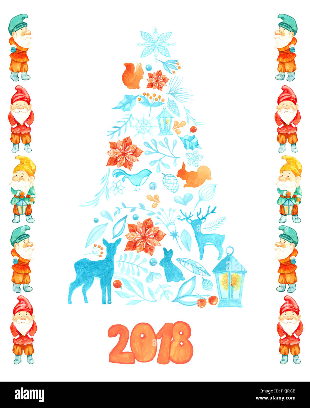 Aquarelle carte de Noël avec l'arbre de Noël et les gnomes. Modèle de carte postale pour la designer. Chevreuil, écureuil, lapin, oiseau, branche, baies, lanterne Banque D'Images