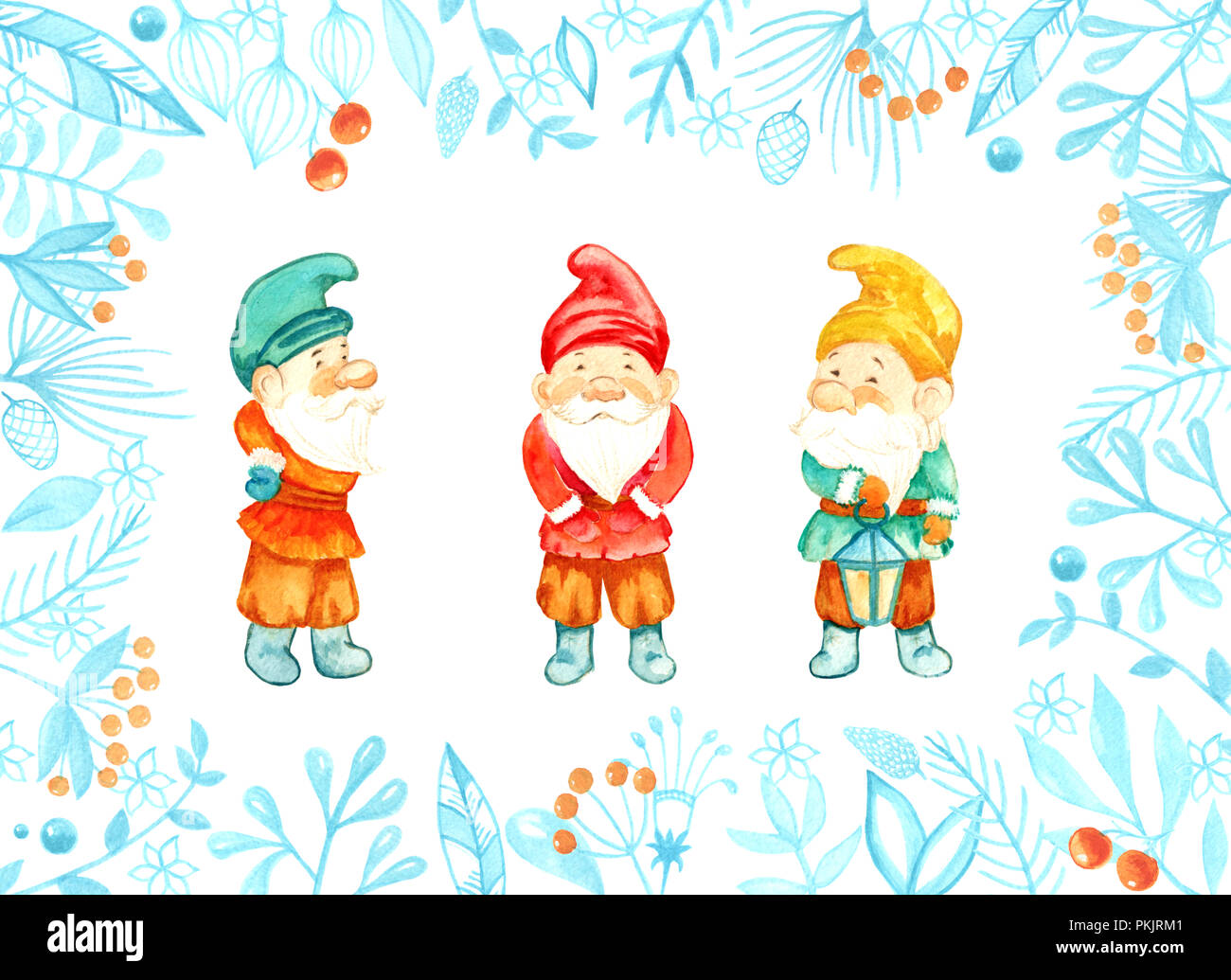 Personnages de contes de fées gnomes. Aquarelle carte de Noël avec des gnomes Banque D'Images