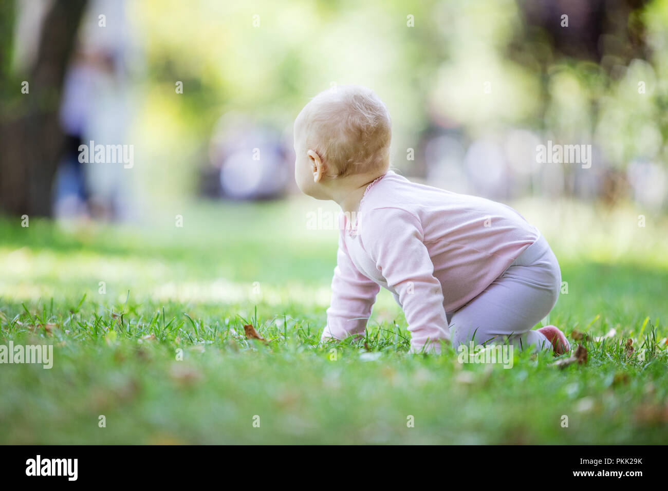 Petite fille blonde rampent sur pelouse au parc et à la recherche de quelque chose de côté Banque D'Images