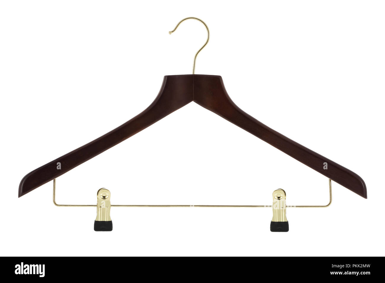 En bois avec un cintre en métal de couleur or jupe / pantalon hanger isolé sur fond blanc Banque D'Images