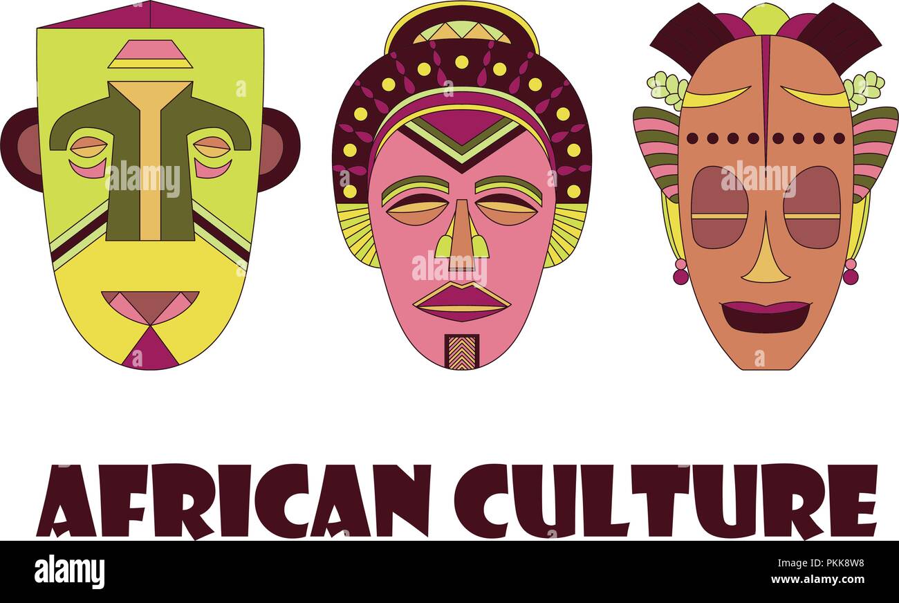 Set de 3 masques africains traditionnels sur un fond blanc. Illustration de Vecteur