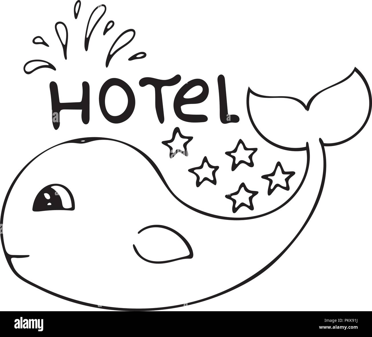 Bannière pour 5 étoiles avec une jolie baleine dessiné à la main. Le noir et blanc l'art. Illustration de Vecteur