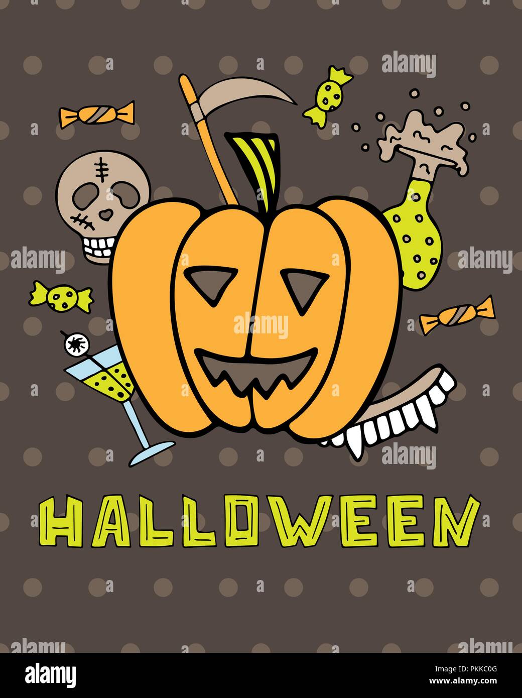 Carte de souhaits pour l'Halloween à la citrouille et les symboles d'une maison de vacances. Illustration de Vecteur