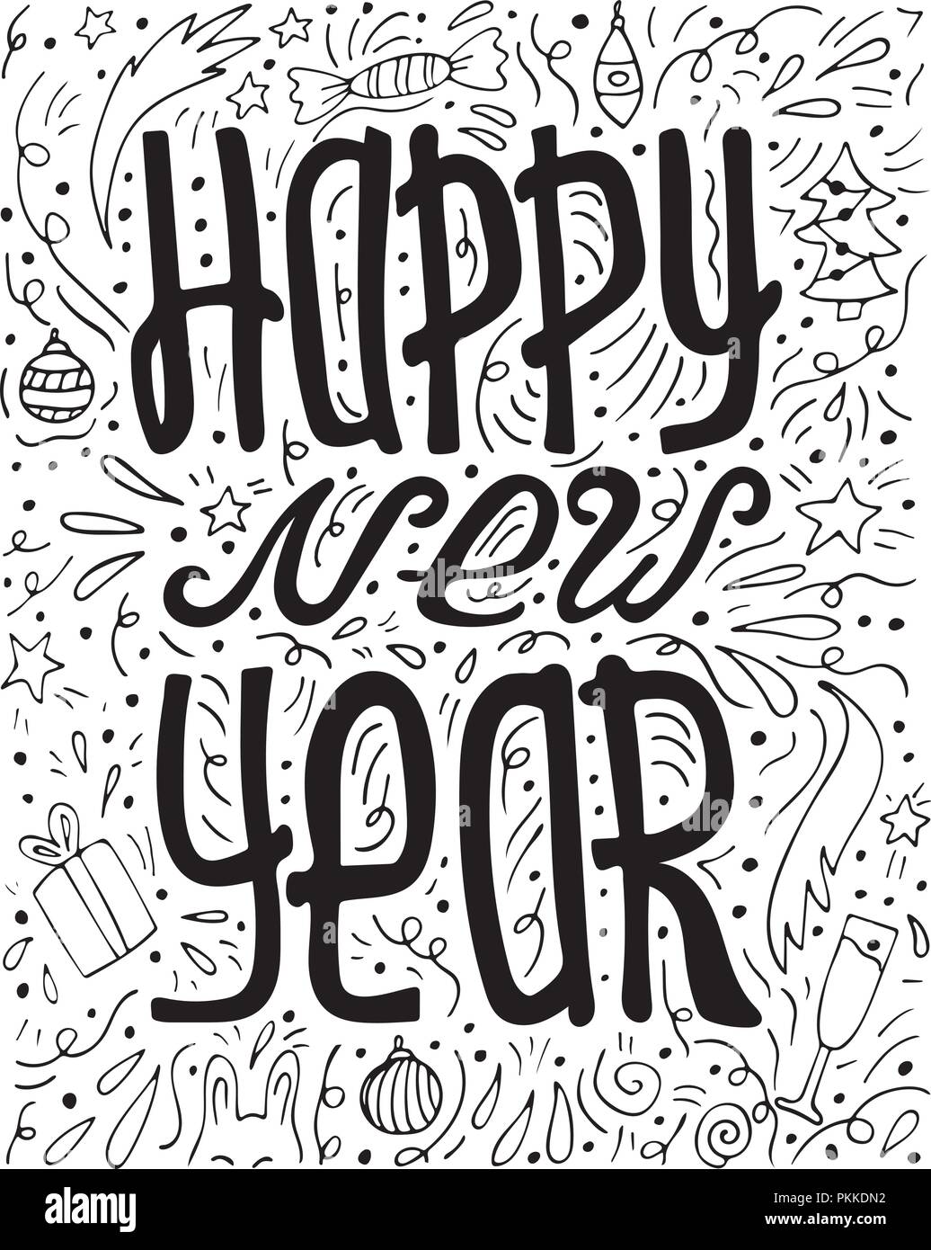 Le noir et blanc avec lettrage dessiné à la main des doodles - bonne année. Illustration de Vecteur