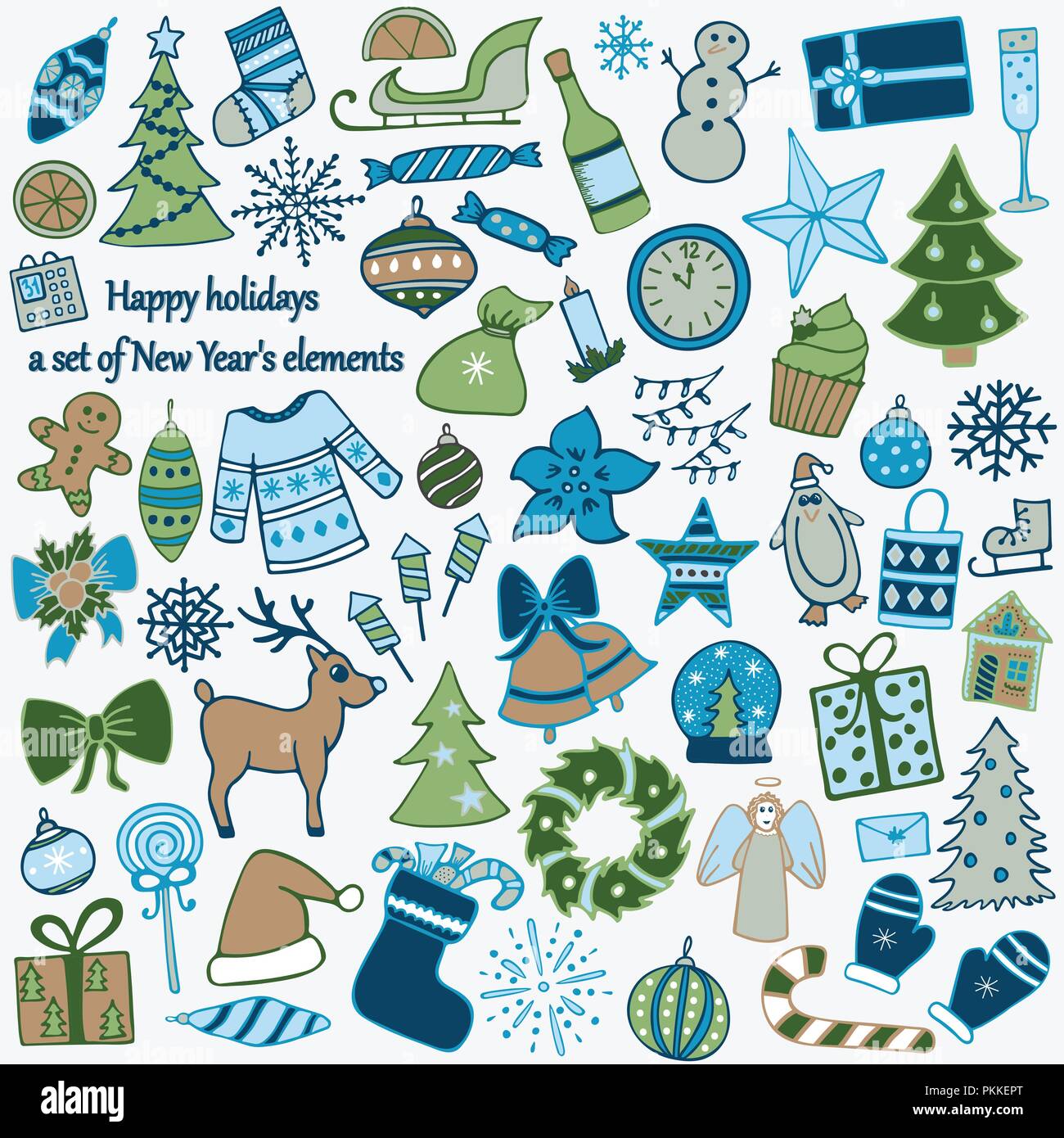 Ensemble de 58 éléments de design. La belle à la main des illustrations du Nouvel An. Illustration de Vecteur