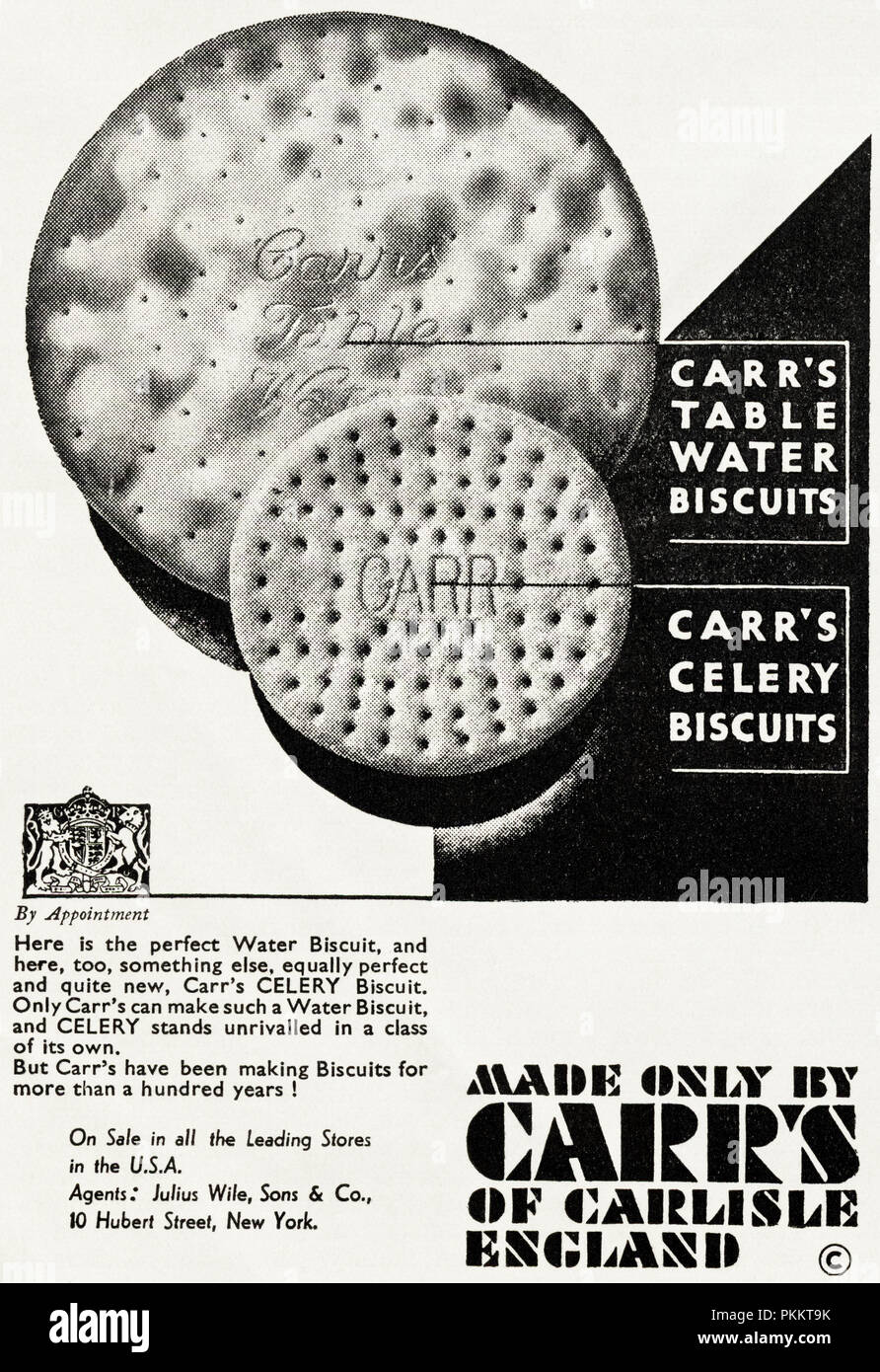 1930 old vintage publicité publicité originale de l'eau Table Carr & Céleri biscuits par nomination royale dans la revue anglaise vers 1932 Banque D'Images