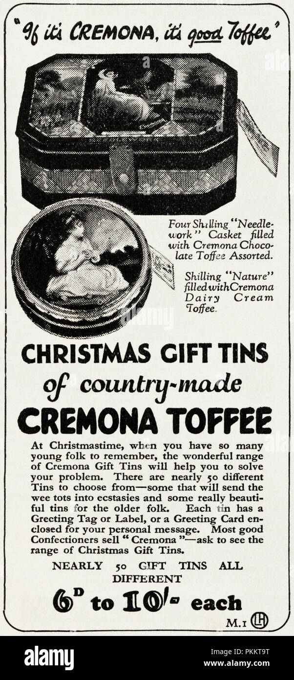 1930 old vintage publicité Publicité original cadeau de Noël caramel Crémone en boîtes revue anglaise vers 1932 Banque D'Images