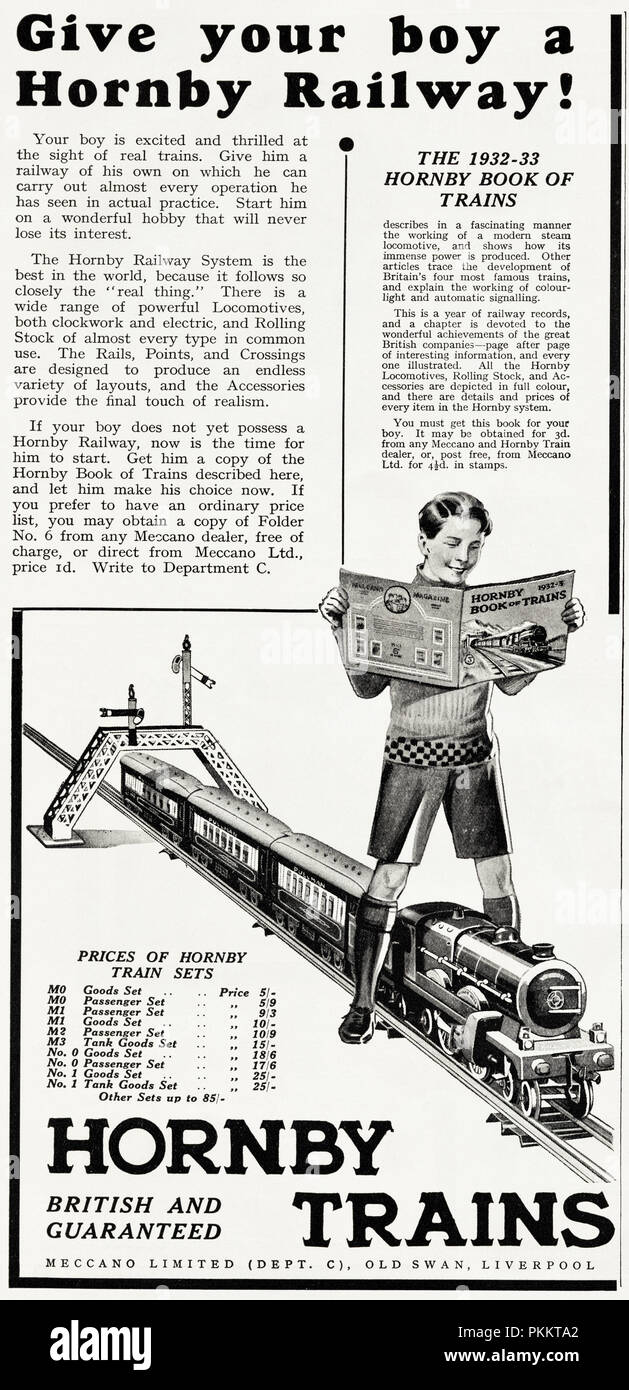 1930 old vintage publicité publicité originale Trains Hornby pour garçons au magazine anglais vers 1932 Banque D'Images