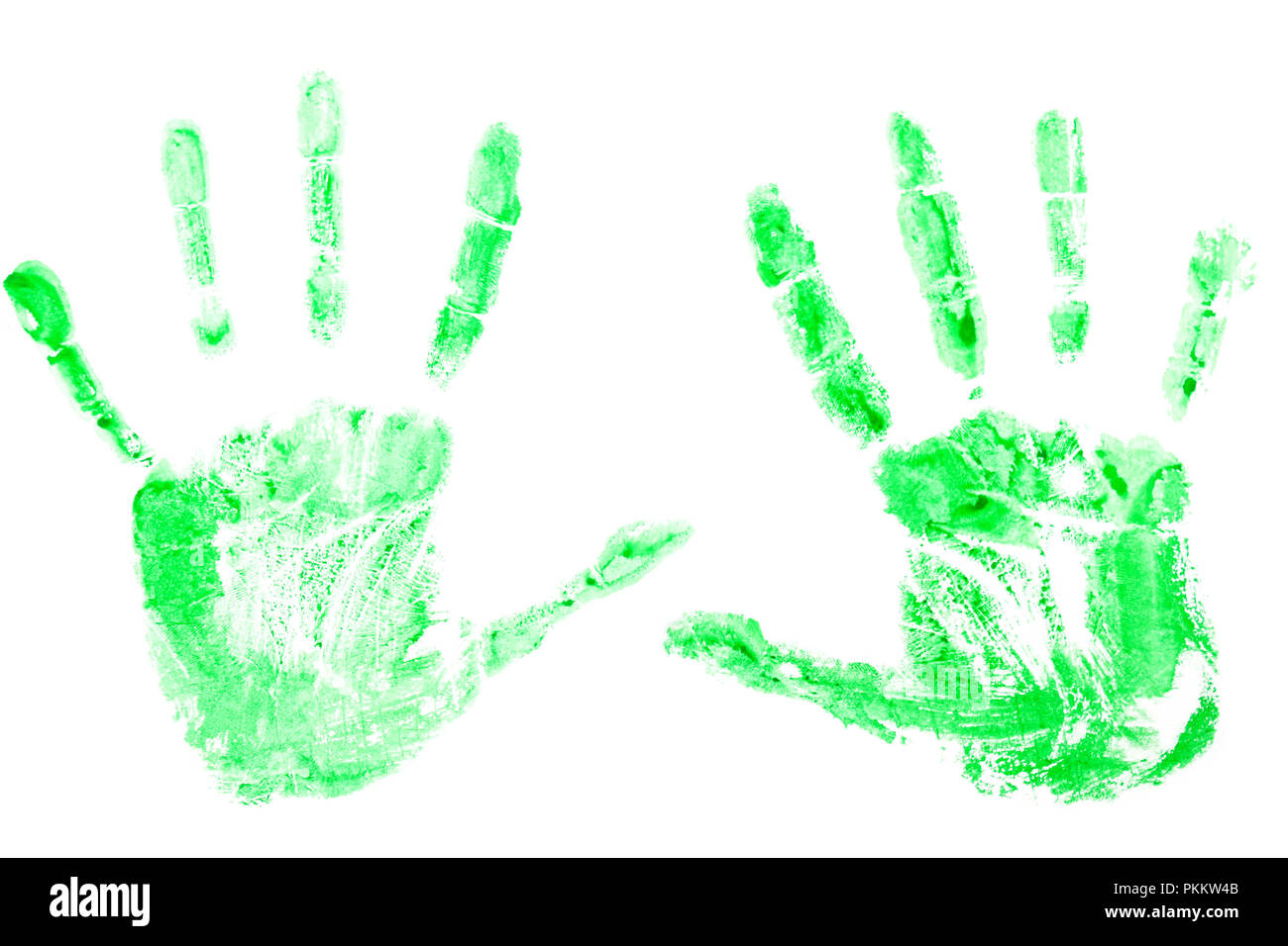Imprime de peinture verte sur les mains, paumes sur un fond blanc.Concept de l'écologie, la protection de la nature Banque D'Images
