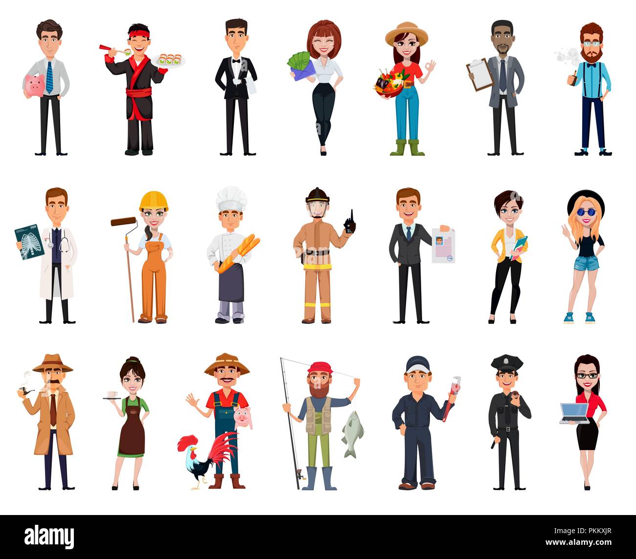 Les gens de différentes professions. Ensemble de vingt et un pose avec les personnages de dessins animés de diverses professions. Vector illustration créative Illustration de Vecteur