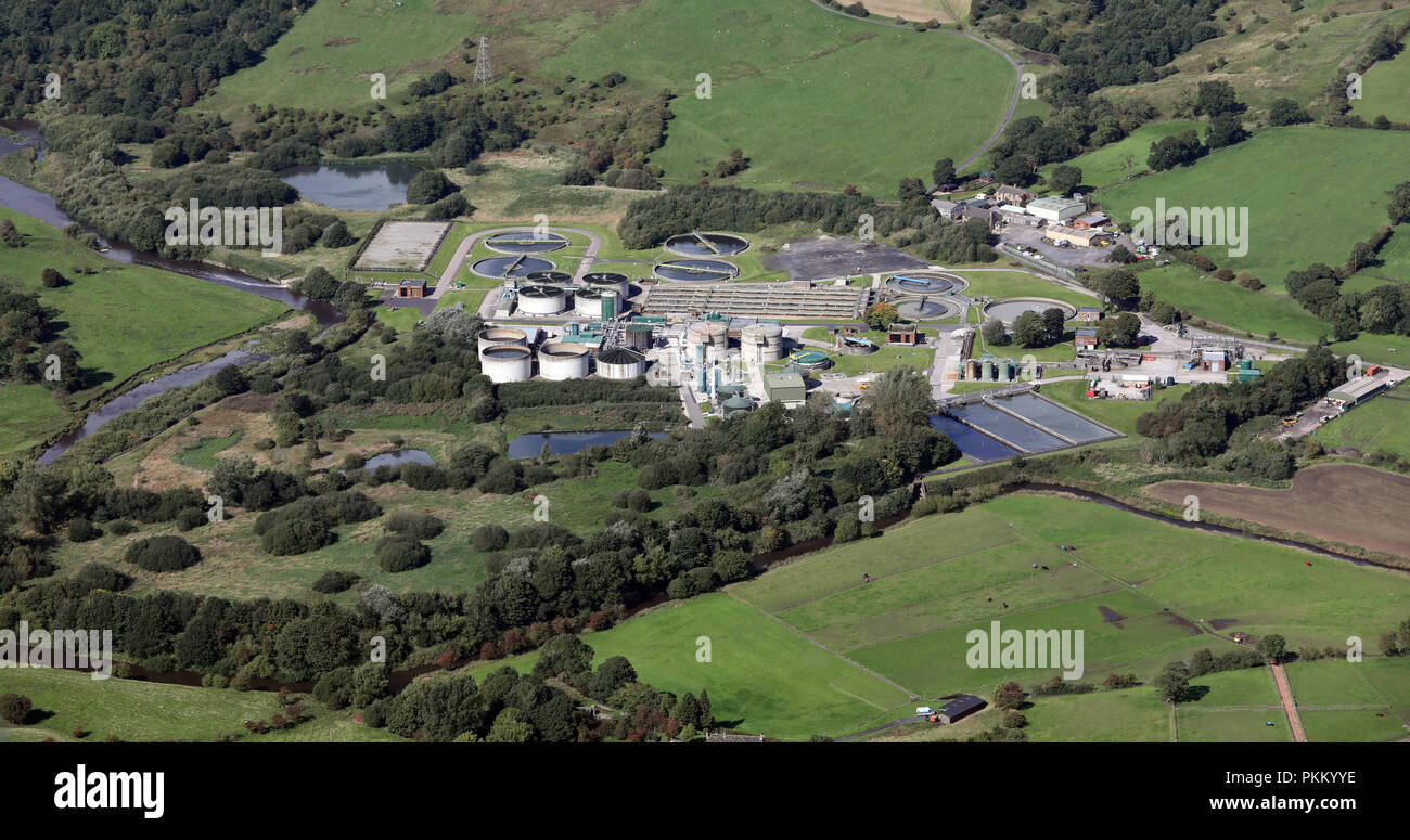 Vue aérienne de Burnley d'épuration des eaux usées, Reedley Hallows, Burnley Banque D'Images