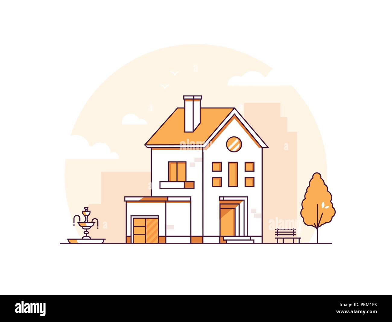 Appartement Maison - moderne ligne fine style design vector illustration sur fond blanc. Image de couleur orange avec un beau bâtiment, maison mitoyenne avec d Illustration de Vecteur