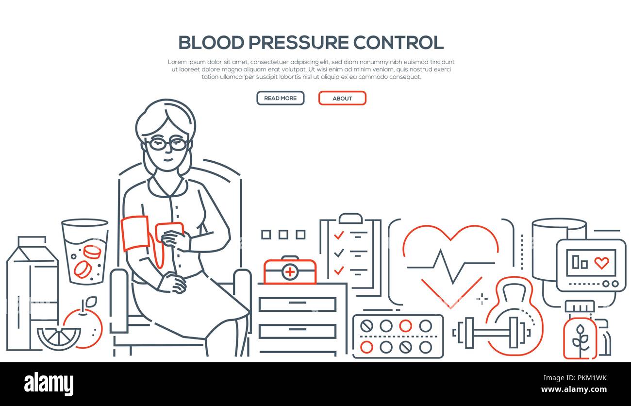 Le contrôle de la pression artérielle - ligne moderne style design bannière sur fond blanc. A senior woman, patient assis sur la chaise en test. Images de guérir Illustration de Vecteur