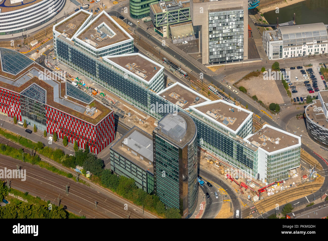 Vue aérienne, site de construction pour la construction d'un bâtiment commercial et flotter Holzstraße à Düsseldorf Banque D'Images