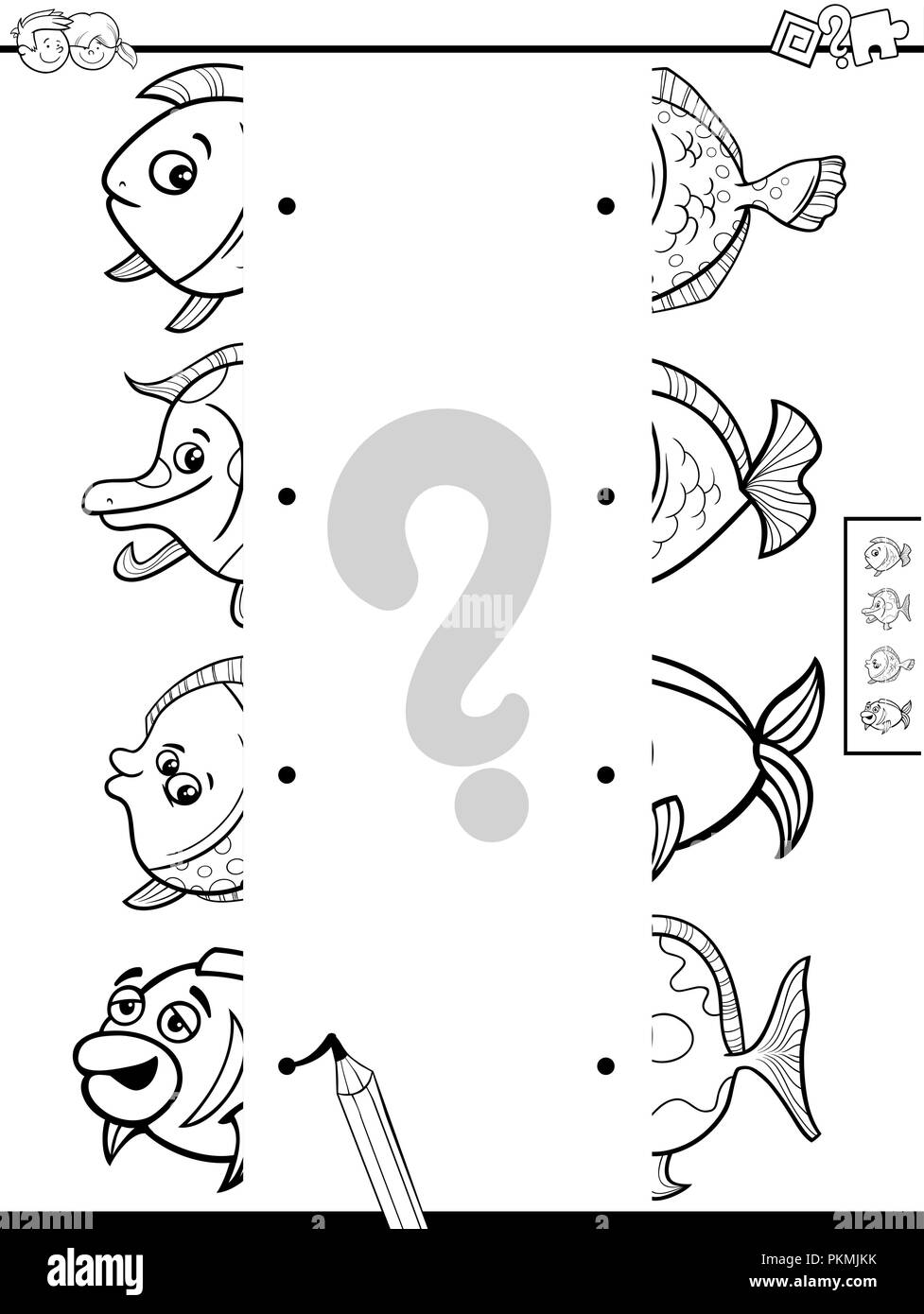 Cartoon noir et blanc Illustration de jeu éducatif des moitiés correspondantes d'images avec drôle de coloriage de poisson Illustration de Vecteur