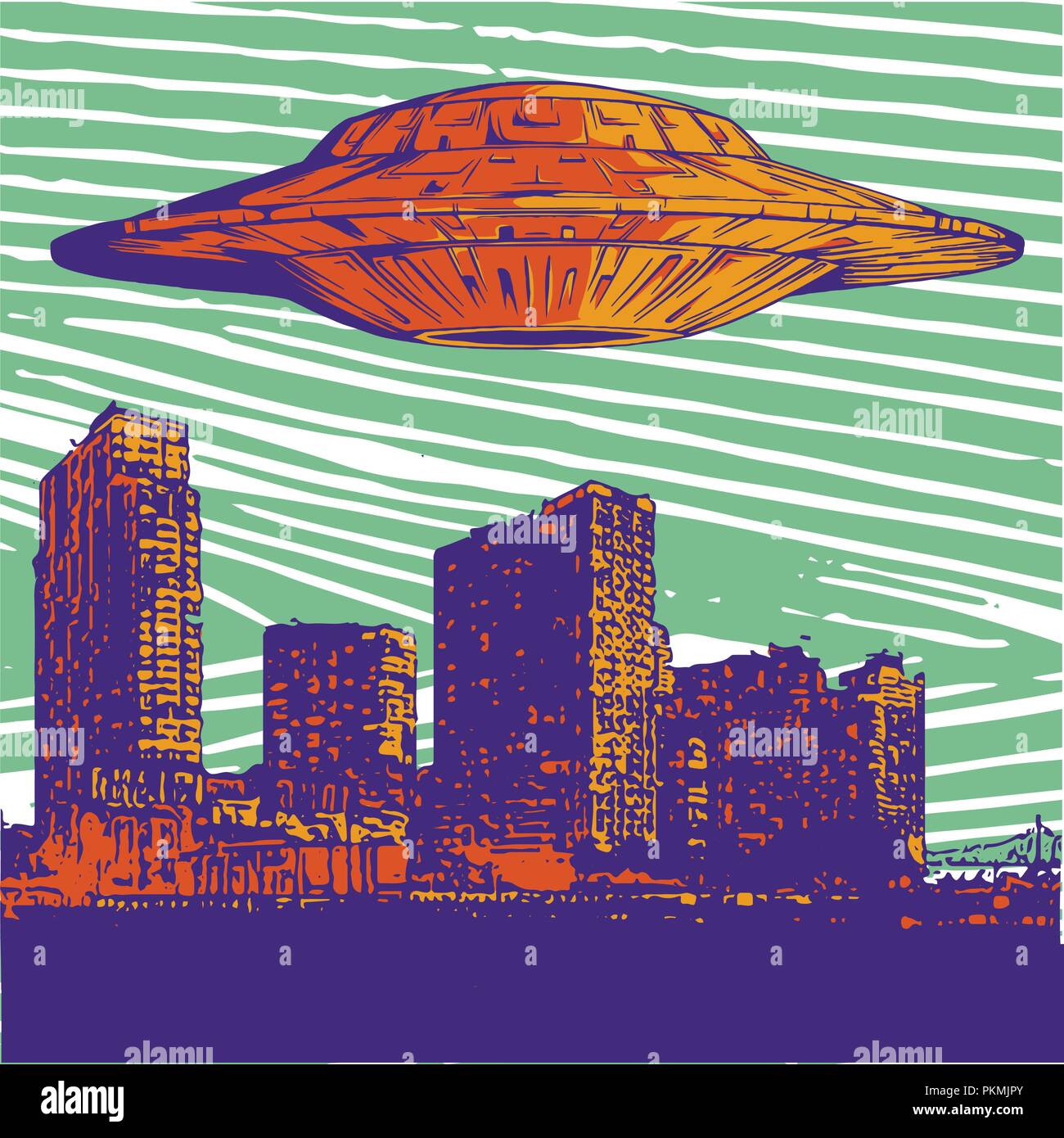 Ovni enlève les droits. Space ship UFO rayon de lumière dans le ciel nocturne dans la ville. Vector illustration dans un style vintage. Illustration de Vecteur