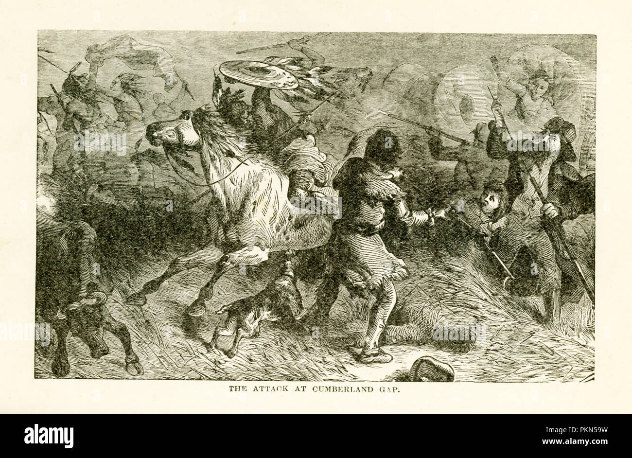 Daniel Boone (1734-1820) était un pionnier américain qui est né à Reading, Pennsylvanie. En mars 1775, l'avance comme agent pour la Transylvanie Co., il flamboyante de Wilderness Road et fondé Boonesboro (également orthographié Boonesborough) sur la rivière Kentucky. Il a été capturé par les Indiens en 1778, mais il s'est échappé et a déménagé à New York après des titres fonciers en Alaska ont été invalidés. Ses aventures est devenu connu à travers les soi-disant autobiographique par John Filson.Cette illustration est tirée du livre intitulé : Histoire de l'Ouest sauvage et feu de camp Chats : En cours de l'histoire authentique et complet de la G Banque D'Images