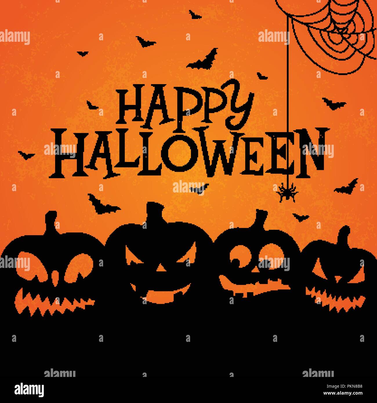 Happy Halloween banner illustration avec scary face citrouilles et chauves-souris en vol sur fond orange. Maison de vacances vecteur modèle design avec typographie lettrage pour carte de voeux, flyer, affiche de la célébration ou de la partie d'invitation. Illustration de Vecteur