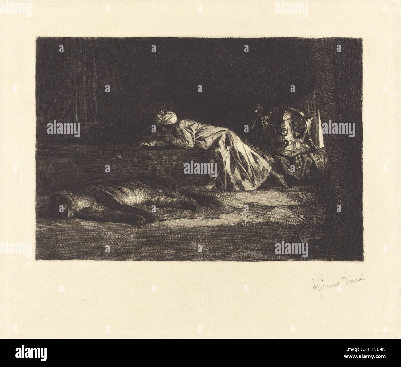 Intérieur oriental avec Tiger. En date du : 1875/1885. Dimensions : 17,6 x 21 plaque : cm (6 15/16 x 8 1/4 in.) planche : 27,6 x 37,9 cm (10 7/8 x 14 15/16 po.). Technique : gravure sur papier vélin. Musée : National Gallery of Art, Washington DC. Auteur : Jean Joseph Benjamin Constant. Banque D'Images