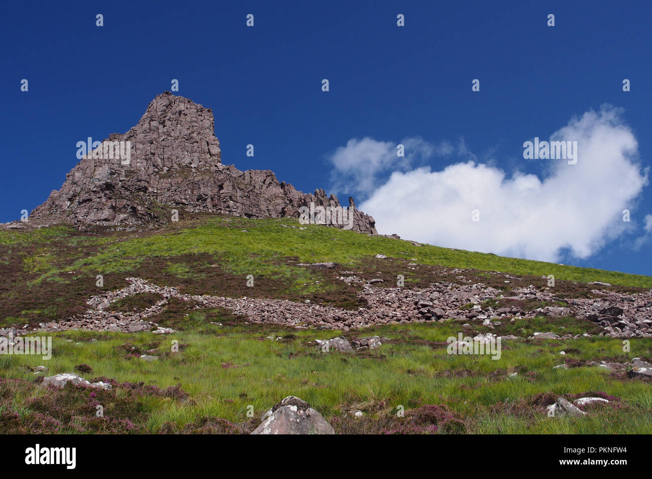 Vue à la recherche jusqu'à l'extrémité ouest du Stac Pollaidh de montagne vers le bas le chemin halway mouille adeep avec ciel bleu et nuages blancs Banque D'Images