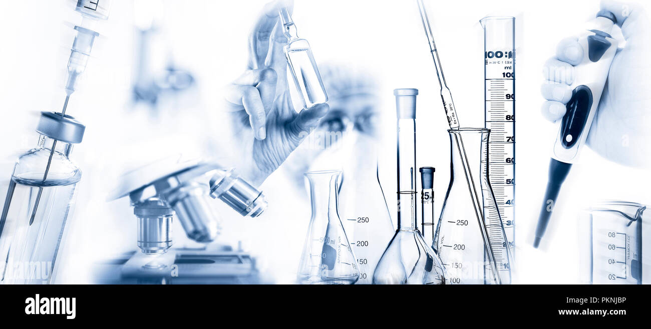 Chercheur à l'ingrédient actif d'un microscope, la pipette et autre matériel de laboratoire Banque D'Images