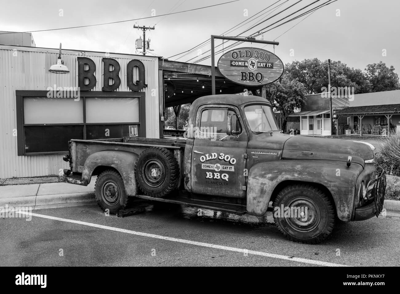 Publicité camion restaurant barbecue, Texas USA Banque D'Images