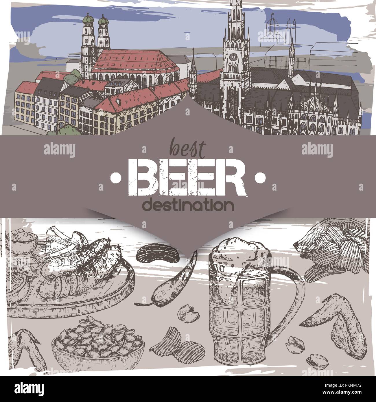 Modèle de destination voyage de bière avec les couleurs de la vieille ville de Munich, sketch beer mug, chips, noix, ailes de poulet, snack-plaque. Illustration de Vecteur