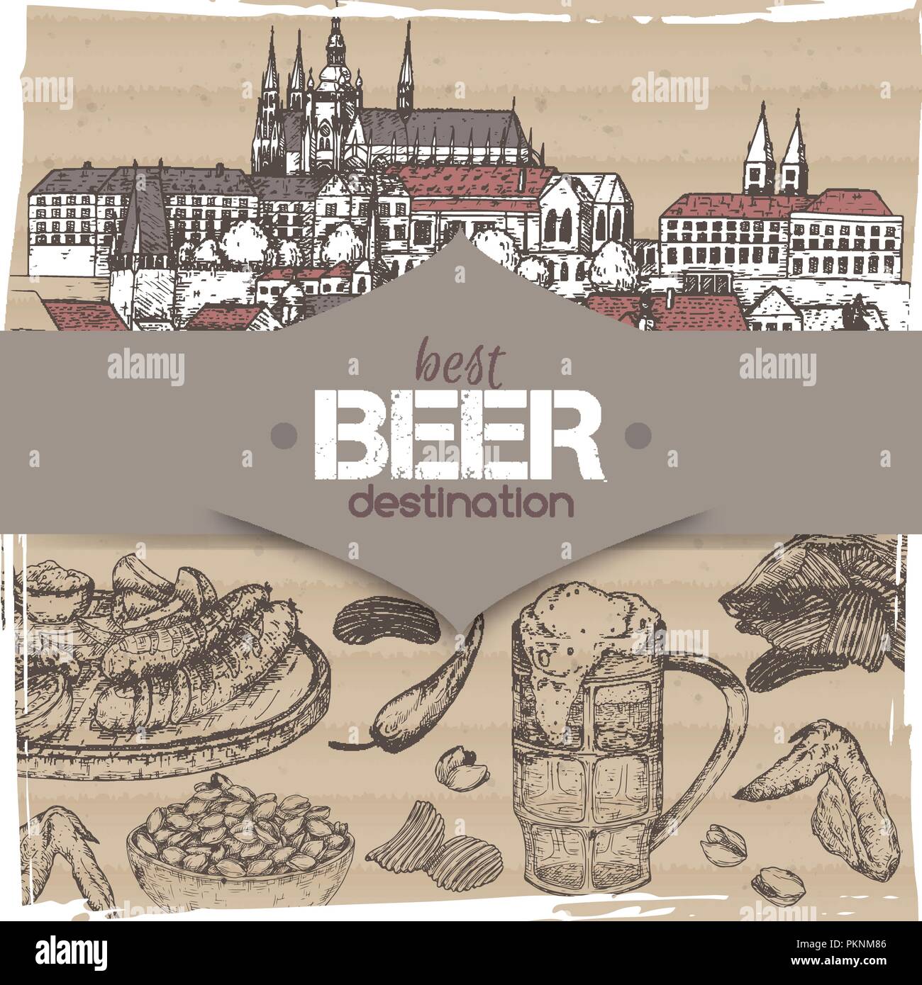 Destination voyage bière modèle à Prague vieille ville sketch, beer mug, chips, noix, ailes de poulet et snack-plaque. Illustration de Vecteur