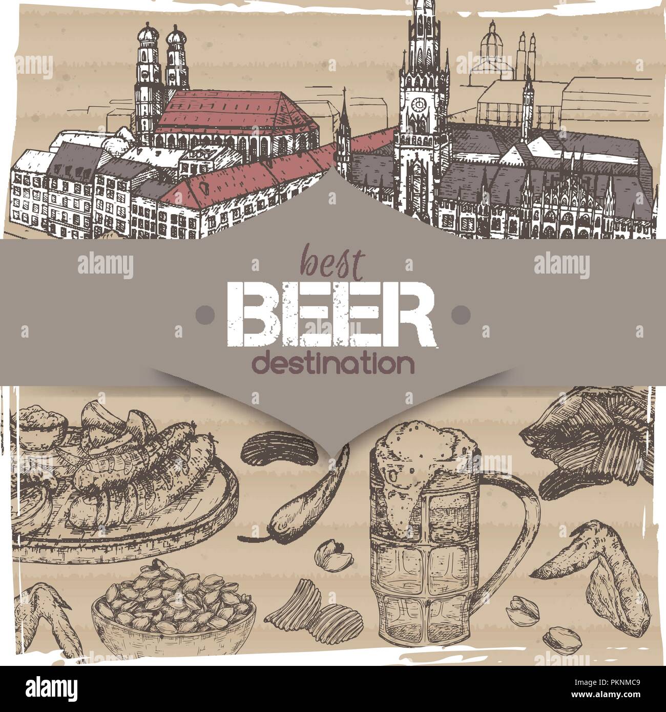 Modèle de destination voyage de bière avec de la vieille ville de Munich, sketch beer mug, chips, noix, ailes de poulet et snack-plaque. Illustration de Vecteur