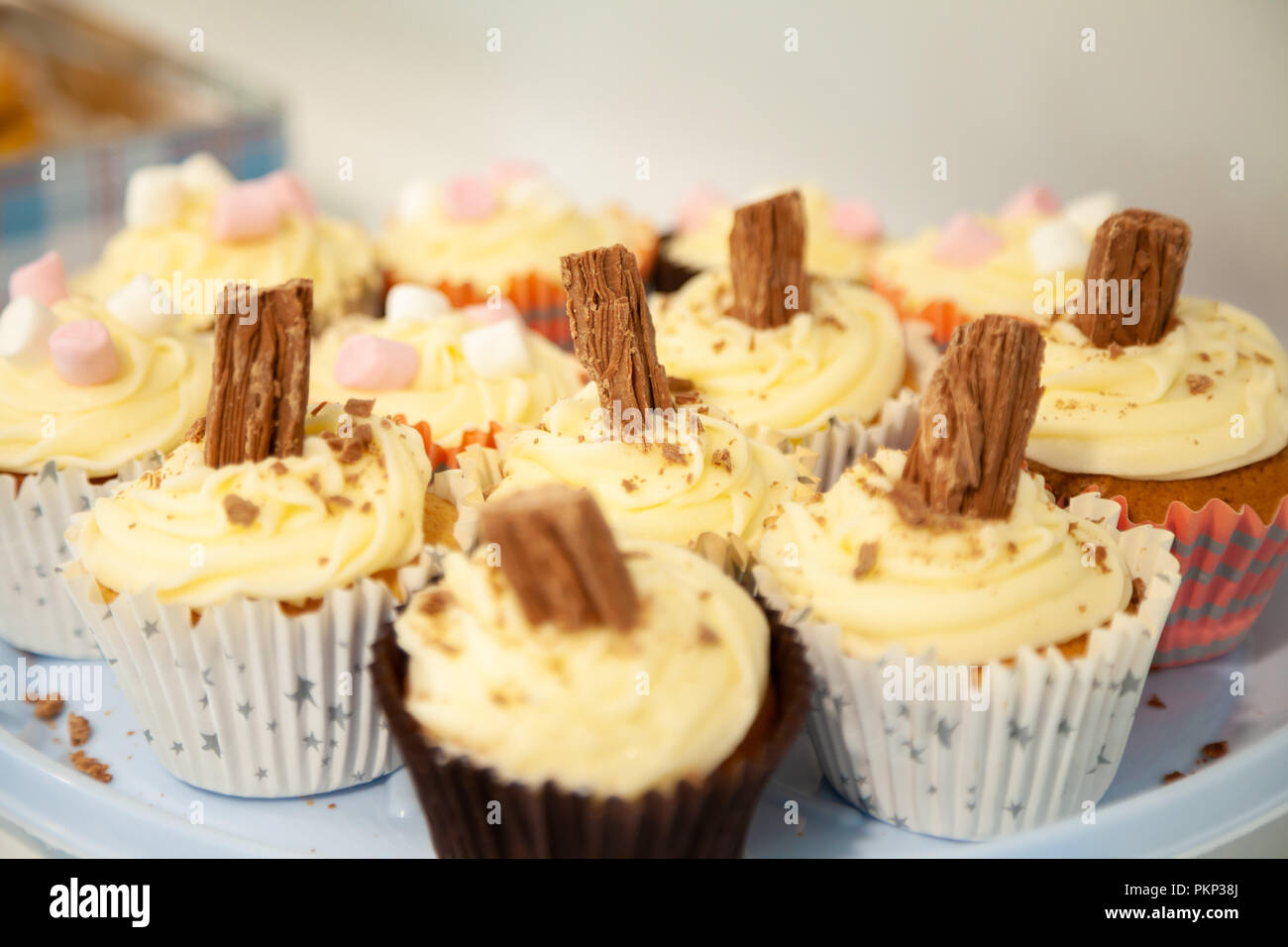 Gros plan d'une collection de cupcakes avec copeaux de chocolat. Banque D'Images