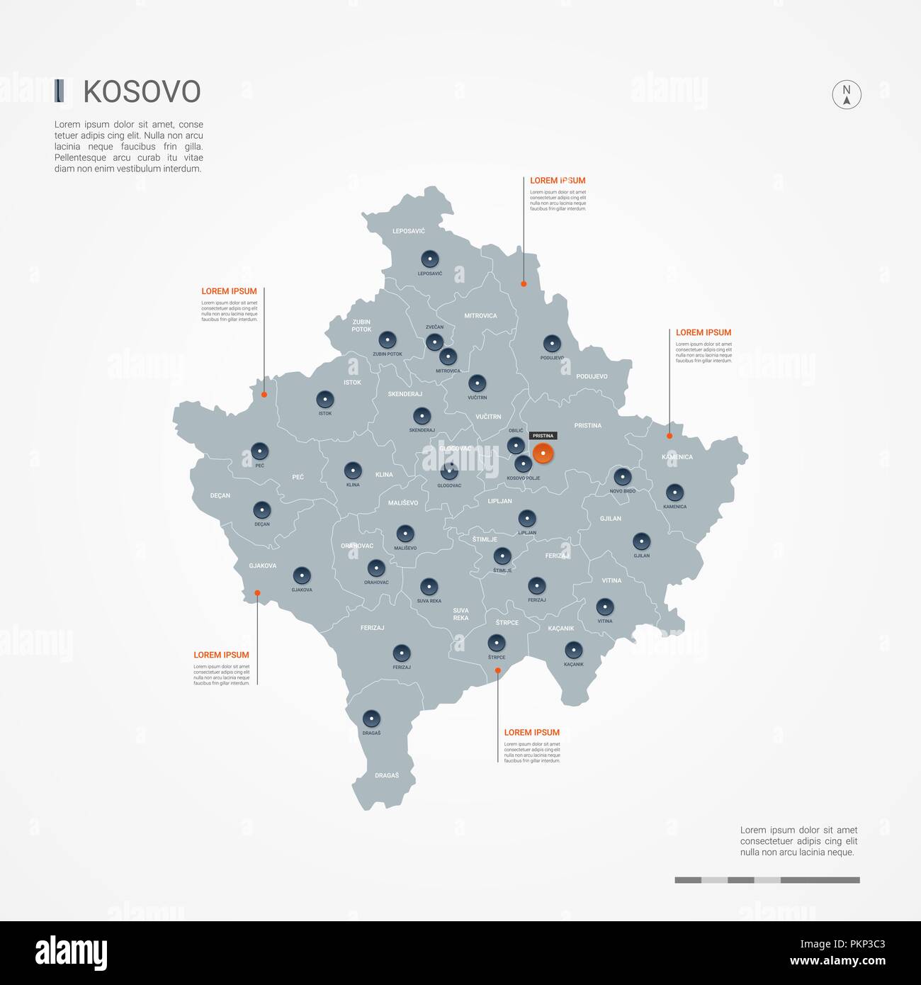 Carte du Kosovo avec frontières, villes, capitale et divisions administratives. Infographie carte vectorielle. Couches modifiables clairement étiquetés. Illustration de Vecteur
