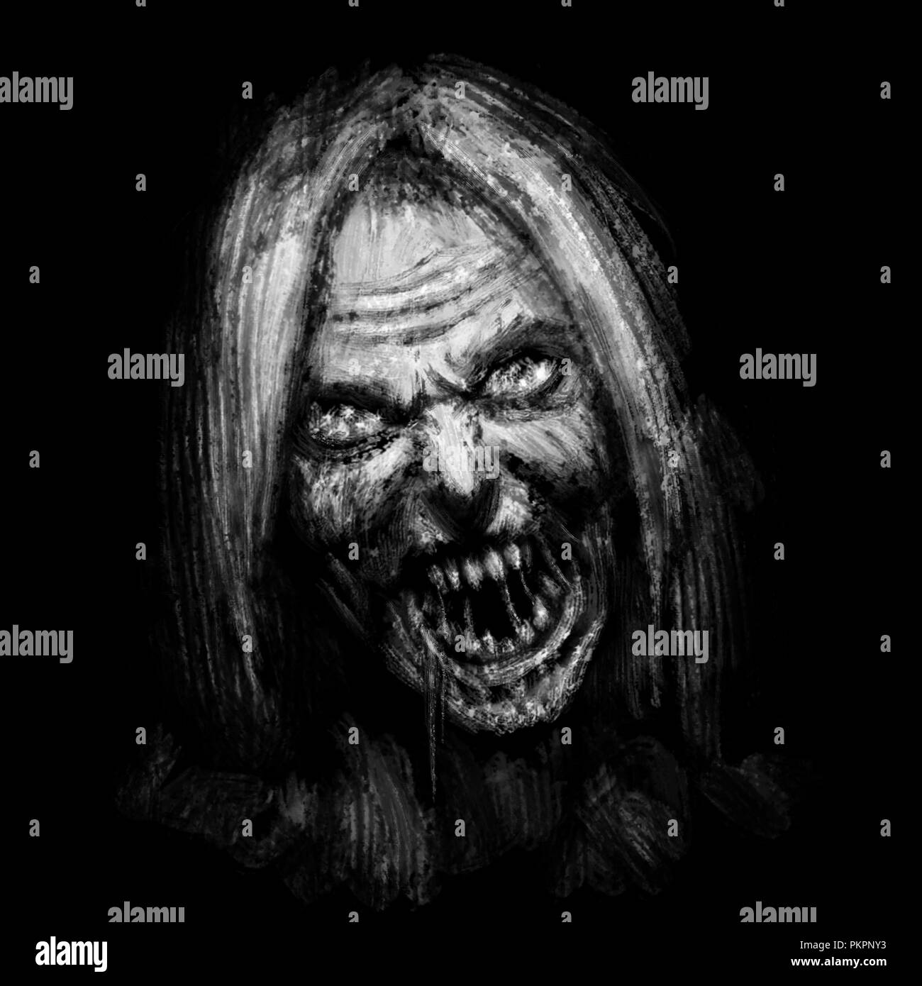 Zombie effrayant visage féminin sur fond noir. Illustration de genre d'horreur. Banque D'Images