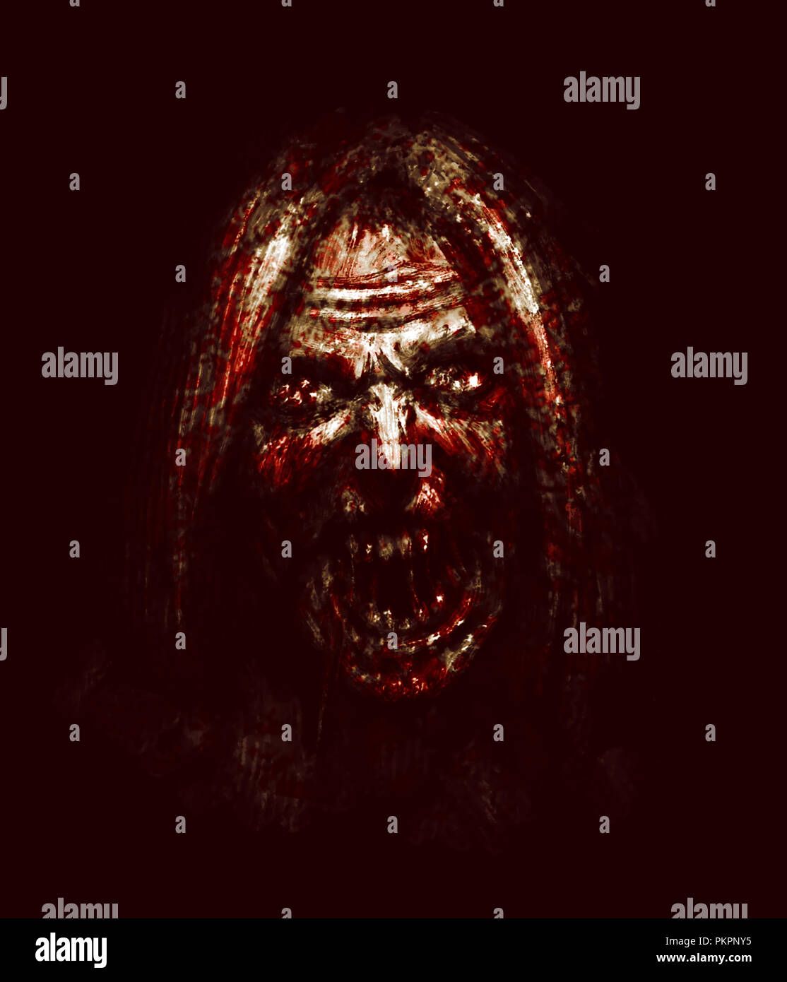 Zombie effrayant visage féminin sur fond noir. Illustration de genre d'horreur. Banque D'Images