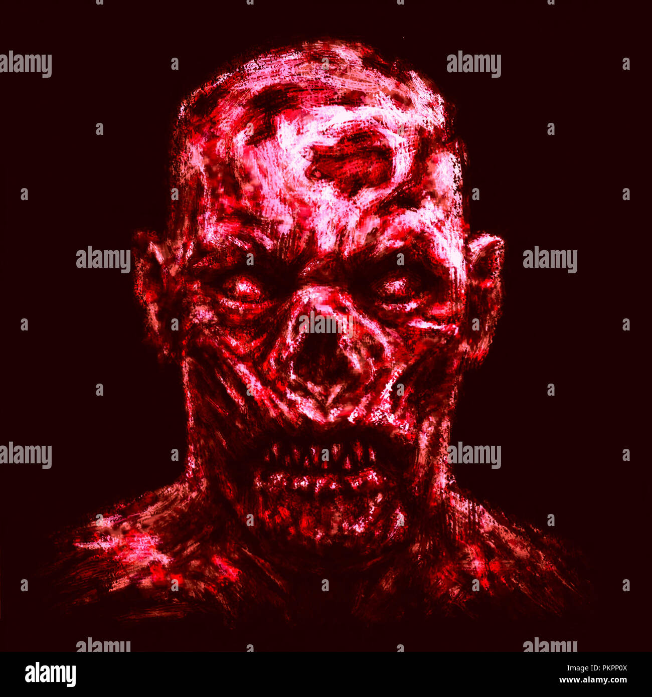 Zombie sombre visage apocalyptique. Genre d'horreur. Couleur de fond rouge. Banque D'Images