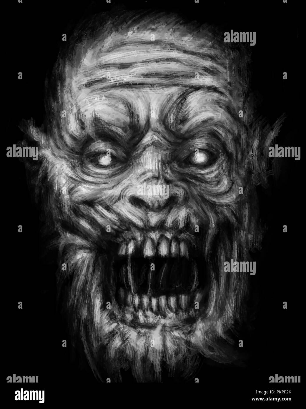 Zombie effrayant visage sur fond noir. Illustration de genre d'horreur. Caractère monster dessin visage. Banque D'Images