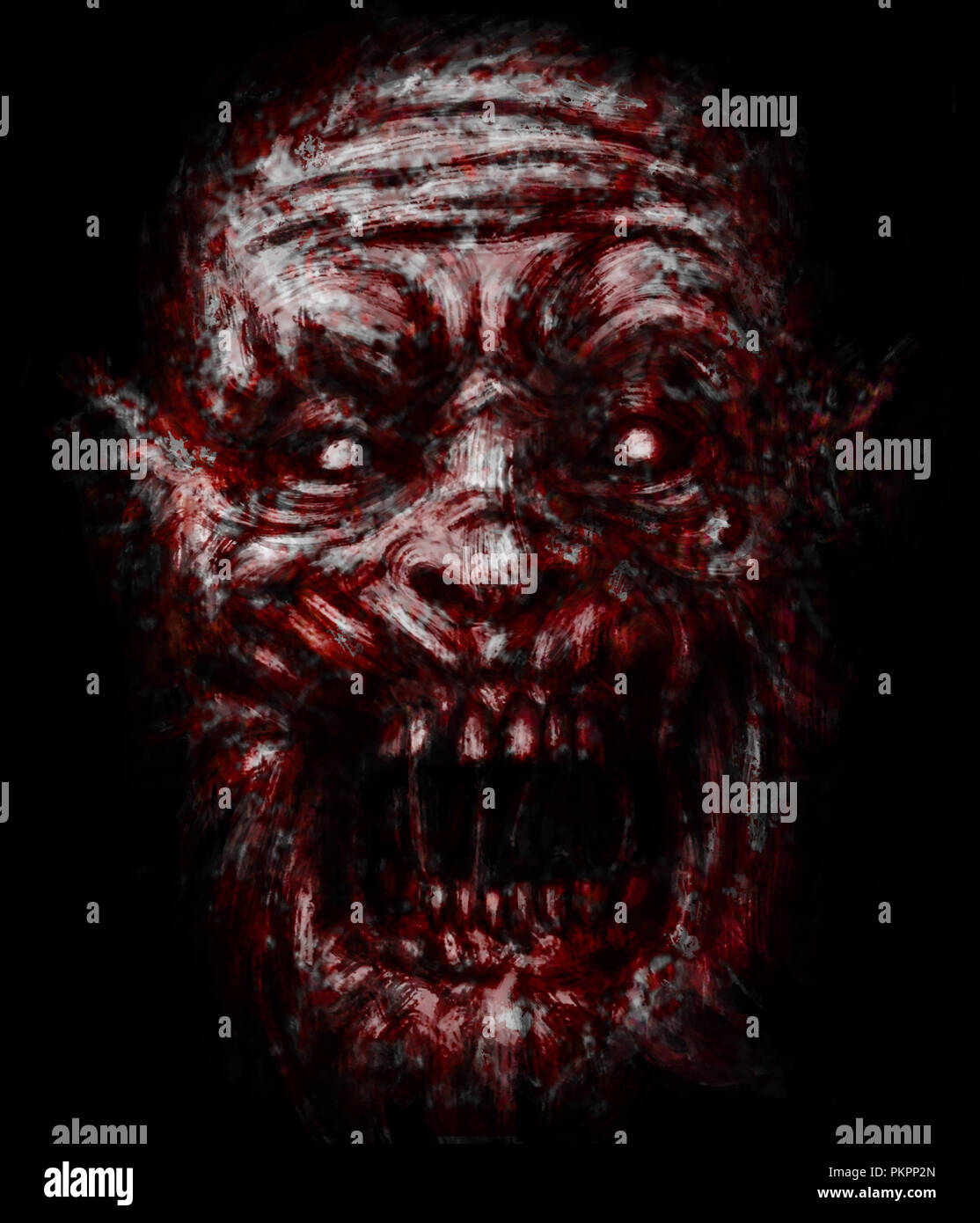 Zombie effrayant visage sanglant sur fond noir. Illustration de genre d'horreur. Banque D'Images