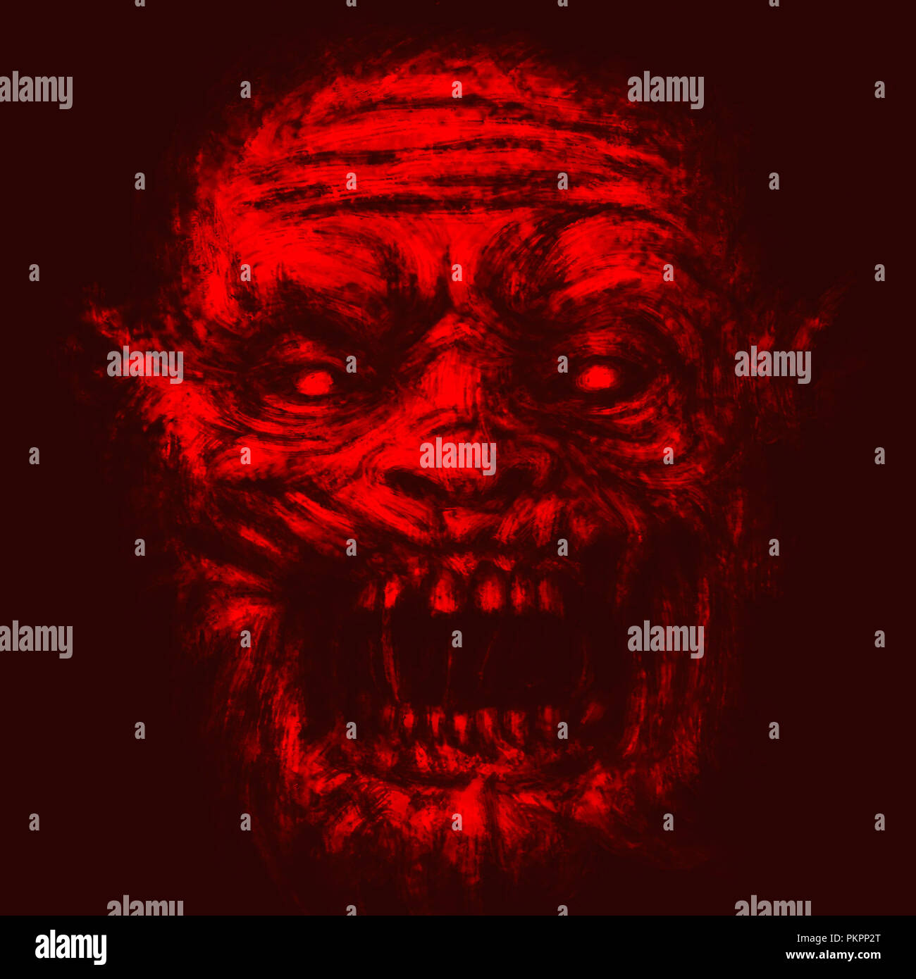 Zombie effrayant visage. Illustration de genre d'horreur. Couleur de fond rouge. Banque D'Images