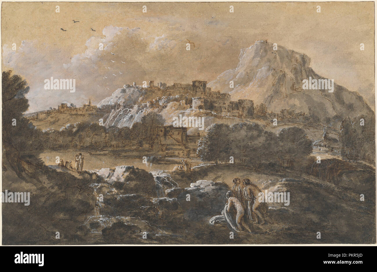 Paysage de la rivière de montagne avec les baigneurs. En date du : 1752/1770. Fiche technique : Dimensions : 32,9 x 50,7 cm (12 15/16 x 19 15/16 po.). Médium : plume et encre brune avec lavis noir et plus de craie noire, rehaussée de gouache blanche sur papier beige. Musée : National Gallery of Art, Washington DC. Auteur : FRANCESCO ZUCCARELLI. Banque D'Images