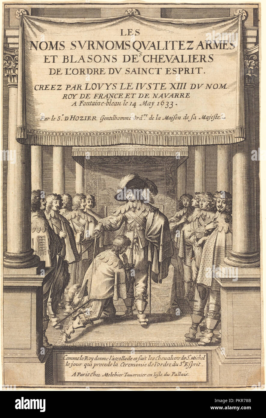 Le Roi en donnant l'accolade et la création de Chevaliers de S. Michel qui reçoivent l'ordre de l'Esprit Saint. En date du : 1633. Technique : gravure et gravure. Musée : National Gallery of Art, Washington DC. Auteur : Abraham Bosse. Banque D'Images