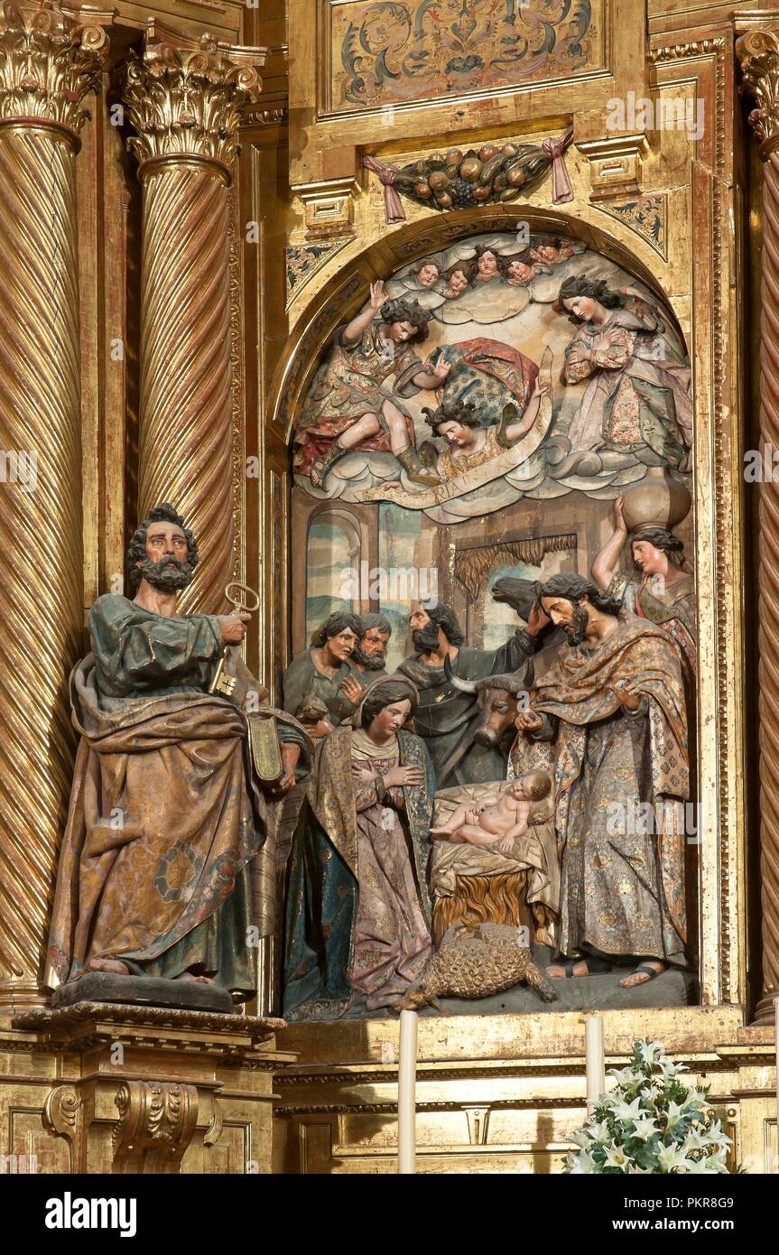 Église de San Miguel, retable - 17ème siècle, détail de Saint Peter et "La Nativité", Jerez de la Frontera, province de Cadiz, Andalousie, Espagne, Europe. Banque D'Images