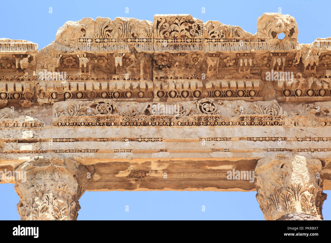 Ruines Romaines de Baalbek au Liban, les détails de la pierre taillée Banque D'Images